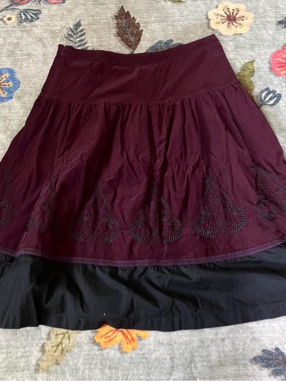LOFT Burgundy Tiered A-Line Skirt with Black Trim